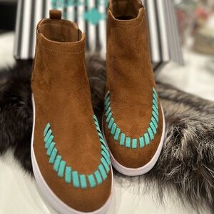 Brown Suede Ankle Boots with Blue Accents